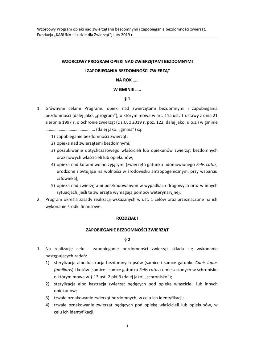 Wzorcowy program opieki nad zwierzętami